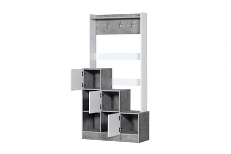 ادراج تخزين خشب ماليزي مدرج عدد 6 مع ستاند تعليق ملابس لون رمادي وابيض