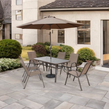 طقم طاولة جلسة خارجية مستطيله عدد 6 كراسي ومظلة لون لون بيج