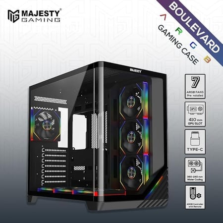 صندوق كمبيوتر ماجيستي ميد تاور بوليفارد مزود بـ بإضاءة امامية انيقة - مزود بـ 7 مراوح ARGB اينفنتي 120 ملم مثبتة مسبقاً لتدفق هواء فعال مع ريموت - دعم لوحات ATX منفذ 1x TYPE-C 2x USB 3.0 - أسود