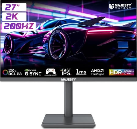 Majesty 27" 2K QHD Gaming Monitor | FAST IPS | 200Hz| 1ms | HDR400 Ready | 100% sRGB | 10-Bit | G-SYNC & FreeSync | HDMI & DisplayPort | VESA | Built-in Speakers | RGB Lighting | Flexible Stand
