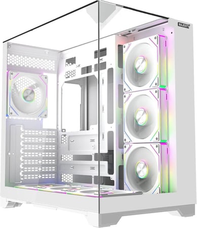 صندوق كمبيوتر ماجيستي ميد تاور اكس سبيس مزود بـ 7 مراوح ARGB اينفنتي 120 ملم مثبتة مسبقاً لتدفق هواء فعال مع ريموت - دعم لوحات ATX منفذ 1x TYPE-C 2x USB 3.0 - أبيض