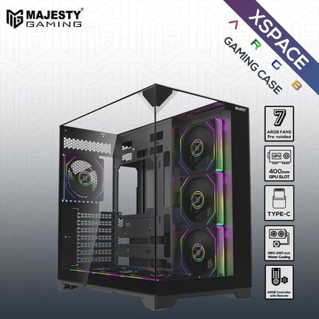 صندوق كمبيوتر ماجيستي ميد تاور اكس سبيس مزود بـ 7 مراوح ARGB اينفنتي 120 ملم مثبتة مسبقاً لتدفق هواء فعال مع ريموت - دعم لوحات ATX منفذ 1x TYPE-C 2x USB 3.0 - أسود