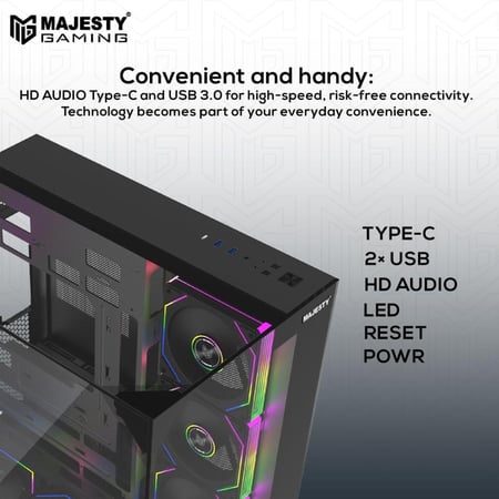 صندوق كمبيوتر ماجيستي ميد تاور اكس سبيس مزود بـ 7 مراوح ARGB اينفنتي 120 ملم مثبتة مسبقاً لتدفق هواء فعال مع ريموت - دعم لوحات ATX منفذ 1x TYPE-C 2x USB 3.0 - أسود