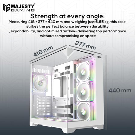 صندوق كمبيوتر ماجيستي ميد تاور اكس سبيس مزود بـ 7 مراوح ARGB اينفنتي 120 ملم مثبتة مسبقاً لتدفق هواء فعال مع ريموت - دعم لوحات ATX منفذ 1x TYPE-C 2x USB 3.0 - أبيض