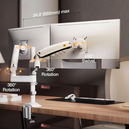 حامل شاشة مكتبي مزدوج NB H180 – دوران كامل، شاشتين حتى 32 بوصة، حتى 12 كجم، أبيض