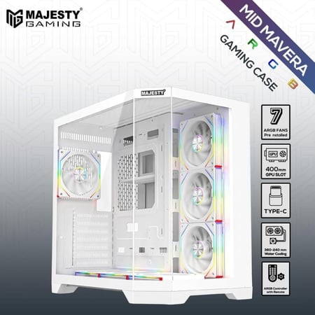 صندوق كمبيوتر ماجيستي ميد تاور ميد مافيرا مزود بـ 7 مراوح ARGB اينفنتي 120 ملم مثبتة مسبقاً لتدفق هواء فعال مع ريموت , زجاج مقسى , متوافق مع لوحة الام الواسعة ATX , منفذ 1x TYPE-C و 2x USB 3.0