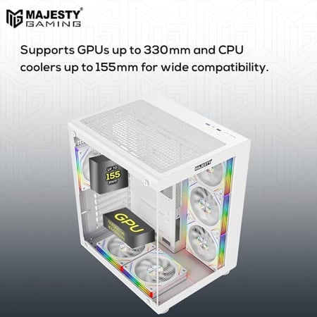 صندوق كمبيوتر ماجيستي ميد تاور برق ابيض – مزود بـ 6 مراوح ARGB اينفنتي 120 ملم مثبتة مسبقاً لتدفق هواء فعال مع ريموت – دعم لوحات ATX – منافذ 2x USB
