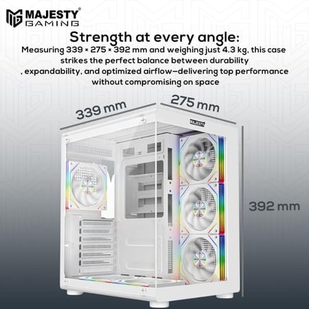 صندوق كمبيوتر ماجيستي ميد تاور برق ابيض – مزود بـ 6 مراوح ARGB اينفنتي 120 ملم مثبتة مسبقاً لتدفق هواء فعال مع ريموت – دعم لوحات ATX – منافذ 2x USB