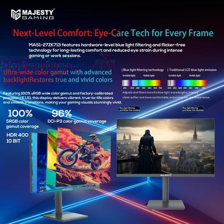 Majesty 27" 2K QHD Gaming Monitor | FAST IPS | 200Hz| 1ms | HDR400 Ready | 100% sRGB | 10-Bit | G-SYNC & FreeSync | HDMI & DisplayPort | VESA | Built-in Speakers | RGB Lighting | Flexible Stand