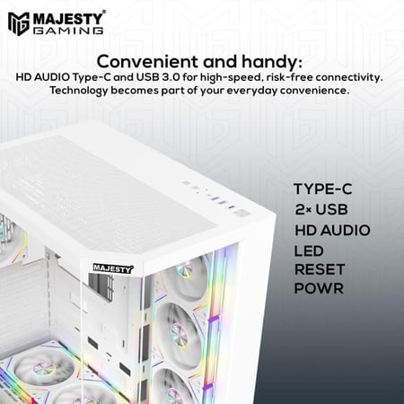 صندوق كمبيوتر ماجيستي ميد تاور ميد مافيرا مزود بـ 7 مراوح ARGB اينفنتي 120 ملم مثبتة مسبقاً لتدفق هواء فعال مع ريموت , زجاج مقسى , متوافق مع لوحة الام الواسعة ATX , منفذ 1x TYPE-C و 2x USB 3.0