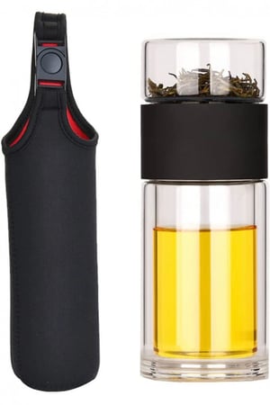 مصفاة الشاي الزجاجية 230 مل من جوديرن، كوب لمياه الشاي، كوب مياه مزدوج محمول للسفر، قارورة شاي مانعة للتسرب محمولة مع مصفاة، كوب فصل مياه الشاي، كوب سفر مع مصفاة - لون اسود مع غطاء للكوب