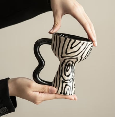 Retro Style Tall Ceramic Coffee Cup With Butterfly Shaped Grip, Annual Ring Ceramic Mug Artwork Suitable For Coffee,Tea,Beverage,Water 210ML