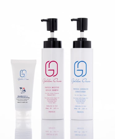 شامبو وبلسم للعناية اليومية بالشعر بعد البروتين والكرياتين 400 مل وكريم معالج ومرطب للشعر من قولدن أوسس - 100 مل