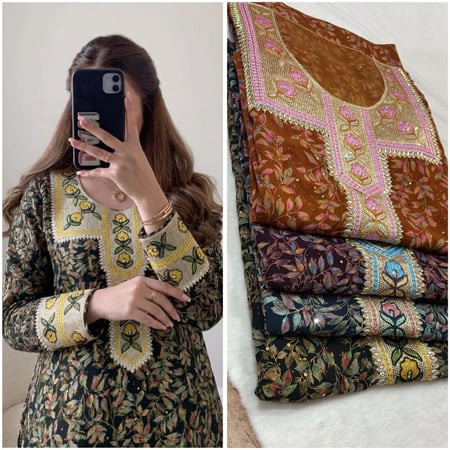 قطن امارتي مذهب ترتر مطرز ومتروس كرستال ( الاقطان تغسل قبل الخياطه)