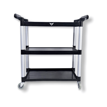ترولي بلاستيكية للمطاعم والفنادق بعجلات 3 طبقات تخزين عربة مع عجلات سهلة الحركة.