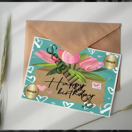 حصرياً | بطاقة عيد ميلاد أنيقة بشكل مظروف مع باقة ورد متألقة (قابلة للطباعة — خط إنجليزي).