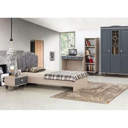 غرفة نوم ام دي اف وقطيفة 5 قطع رمادي وبيج(تصنيع حسب الطلب)