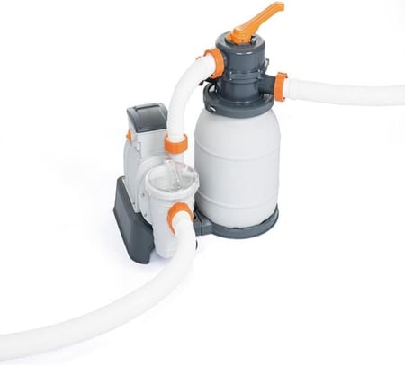 طقم حمام سباحة باور ستيل بإطار مستطيل من بست واي (حوض سباحة، مضخة فلتر رمل، سلم، غطاء حمام سباحة، موزع)، (7.32 متر × 3.66 متر × 1.32 متر)