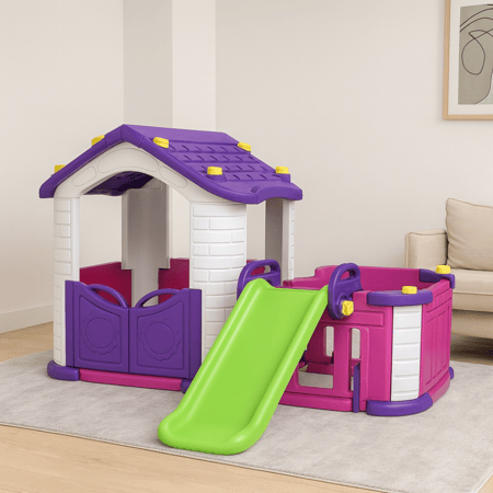 بيت أطفال كوري مع حوش وزحليقة بالحجم الكبير بلاستيك فيبر ناعم، متعدد الألوان