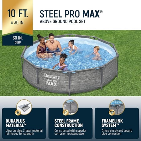 حوض سباحة ستيل برو ماكس موديل 26-56709 من بست واي، بمقاس 3.66 م × 1.00 م، حوض دائري فوق الأرض بإطار معدني، حوض عائلي ببطانة ومضخة فلتر