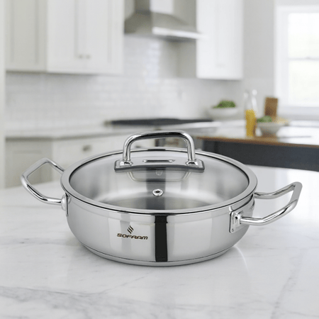 قدر طبخ منخفض أطلس استيل تركي غطاء زجاج مقاس 28 سم