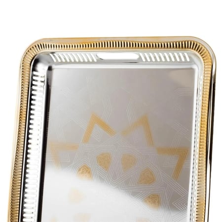 صينية تقديم إستيل مستطيلة لون فضي ذهبي منقوش مقاس 55*30 سم