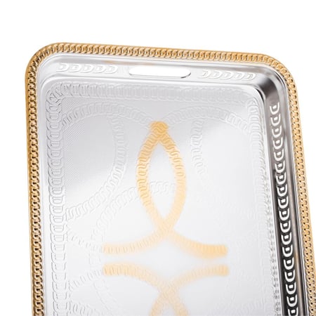 صينية تقديم استيل مستطيلة لون فضي مع ذهبي مقاس