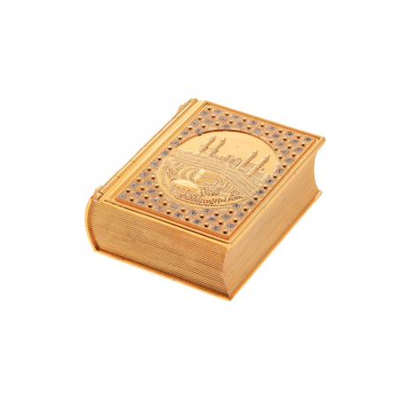 علبة معدن شكل مصحف لون ذهبي