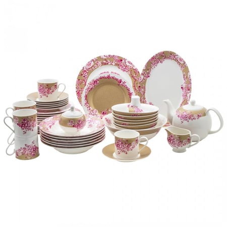 طقم سفرة بورسلين 45 قطعة وردي ذهبي