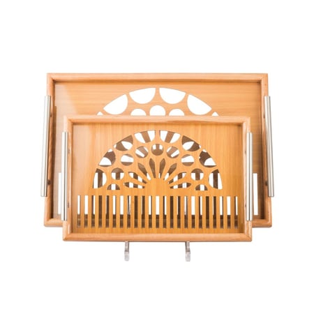 طقم تباسي خشب مزغرف محفور تركي مع سطح زجاجي مكون من 2 قطعة