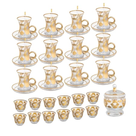 طقم شاي وقهوة زجاج تركي بلاتيني مع ذهبي 50 قطعة