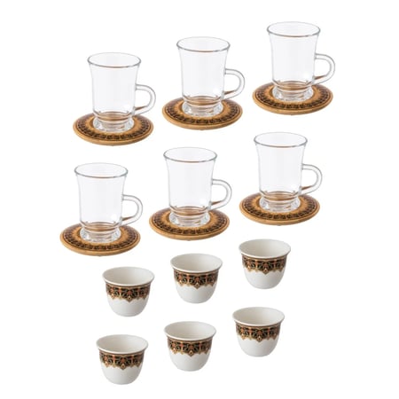 طقم فناجين شاي وقهوة 18 قطعة صحن خشب