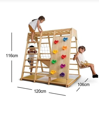 Children climbing a wooden indoor playground set with detailed dimensi