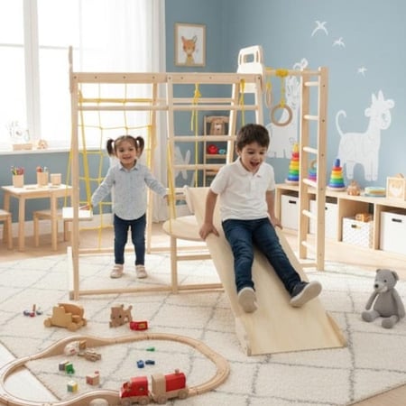 مجموعة الألعاب الخشبية الداخلية للأطفال – الإصدار الجديد 2025 (زحليقة، تسلق، أرجوحة متعددة الأنشطة)
