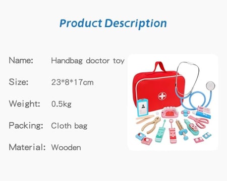 تفاصيل محتويات حقيبة الطبيب الخشبية التعليمية للأطفال - تشمل 16 قطعة