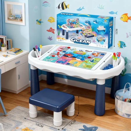 طاولة بازل تعليمية للأطفال 6 في 1 مع كرسي – لعبة تركيب وتنمية المهارات