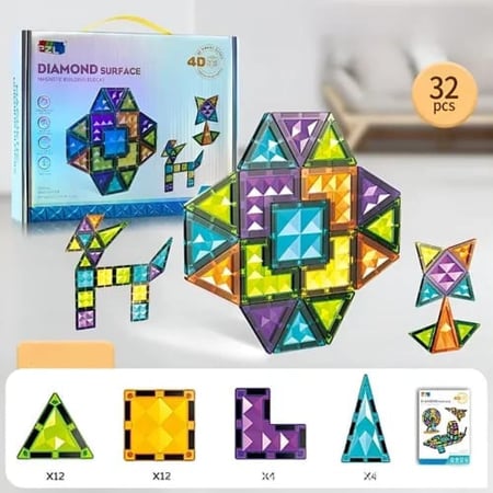 مكعبات مغناطيسية 4D بسطح ألماسي – 32 قطعة تعليمية للأطفال