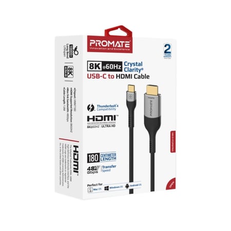 كابل USB-C إلى HDMI عالي الوضوح بدقة 8K عند 60 هرتز بطول كابل 1.8 متر مجدول بغلاف من الألومنيوم مع سهولة التوصيل والتشغيل من بروميت - Promate Mediacord-8K