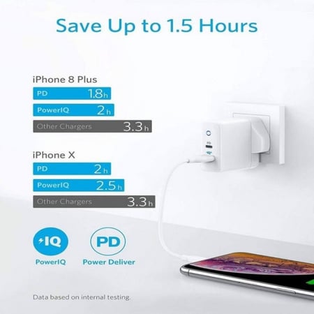 شاحن جداري انكر باوربورت PD بلس الاصدار الثاني بمنفذ PD عالي السرعة ومنفذ USB وبقوة 35 واط - ابيض