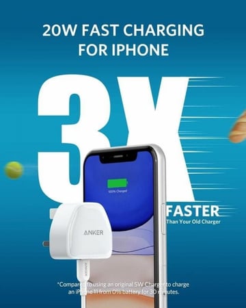 شاحن جداري انكر بمنفذ واحد 20W USB-C يدعم تقنية الشحن سريع PD اللون ابيض