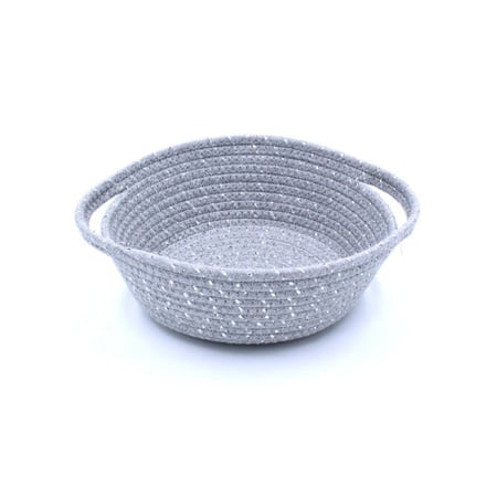 سلة تخزين منسوجة بشكل دائري جميل ورائع لون رمادي بخيوط فضية