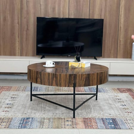 طاولة ضيافة دائري خشب بني قاعدة حديد