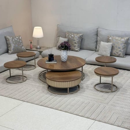 طقم طاولات أرضي 6 قطع خشب شمباني دائري متداخل