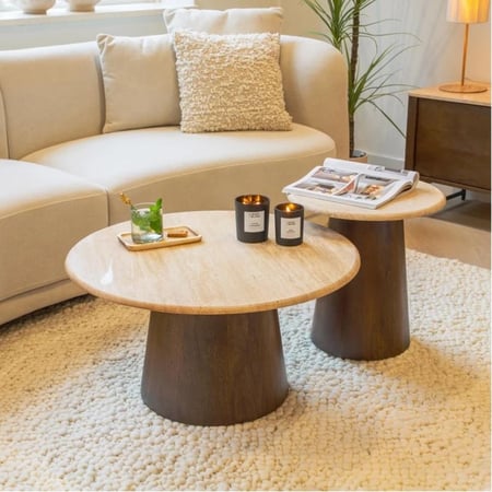 طقم طاولتين قاعدة خشب بني سطح بديل رخام - بتصميم أنيق وفاخر