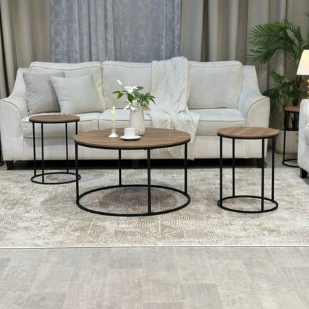 طقم طاولات ضيافة 7 قطع خشب بني فاتح وهيكل حديد أسود دائري