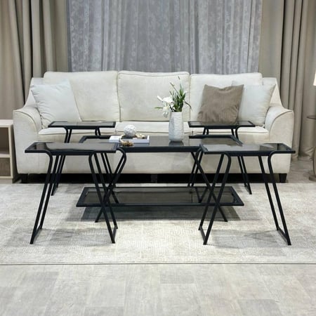 طقم طاولات ضيافة 5 قطع زجاج أسود وهيكل حديد مستطيل