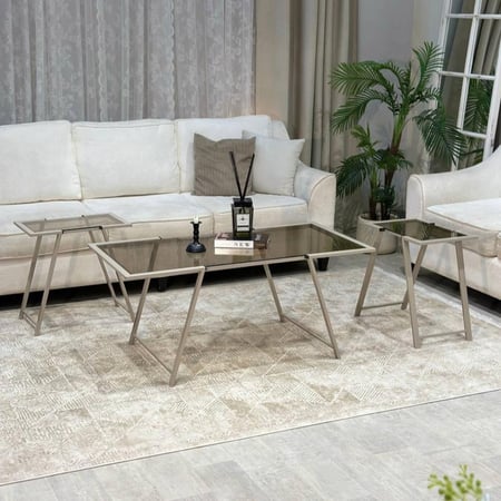 طقم طاولات ضيافة 5 قطع زجاج بني وهيكل شمباني مودرن