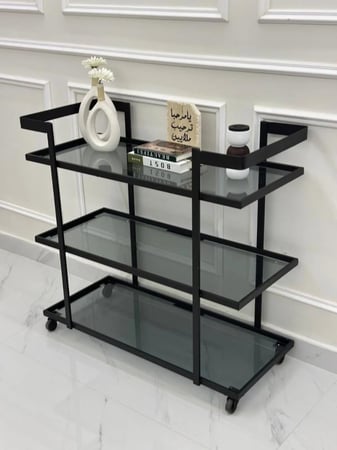 عربية تقديم ضيافة 3 دور أسود سطح زجاج أسود شفاف - بتصميم فاخر وأنيق