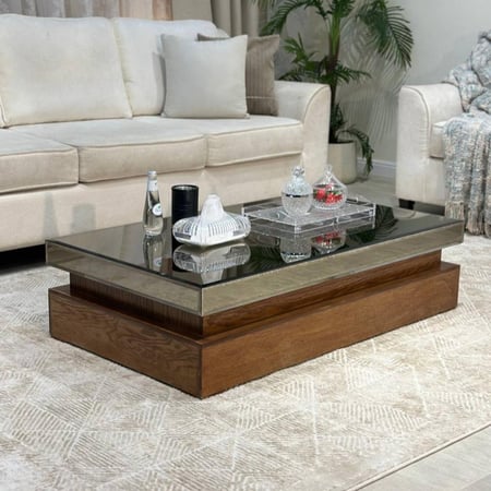 طقم طاولات ضيافة 5 قطع خشب سنديان بني مستطيل بسطح مرايا