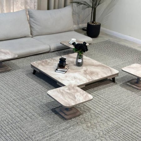 طقم طاولات أرضي 5 قطع خشب بني رخامي مربع